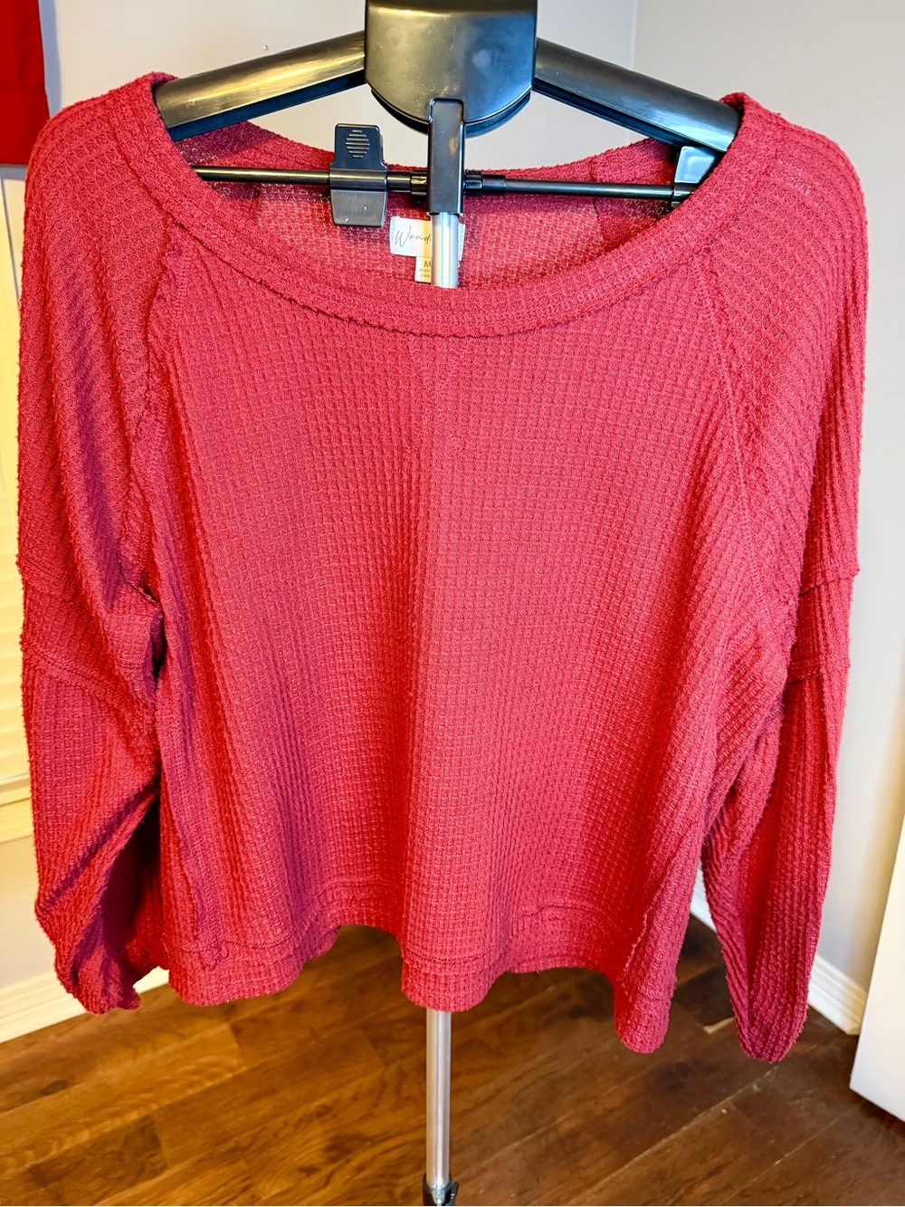 Waffle-Knit Long Sleeve Top - Burgandy